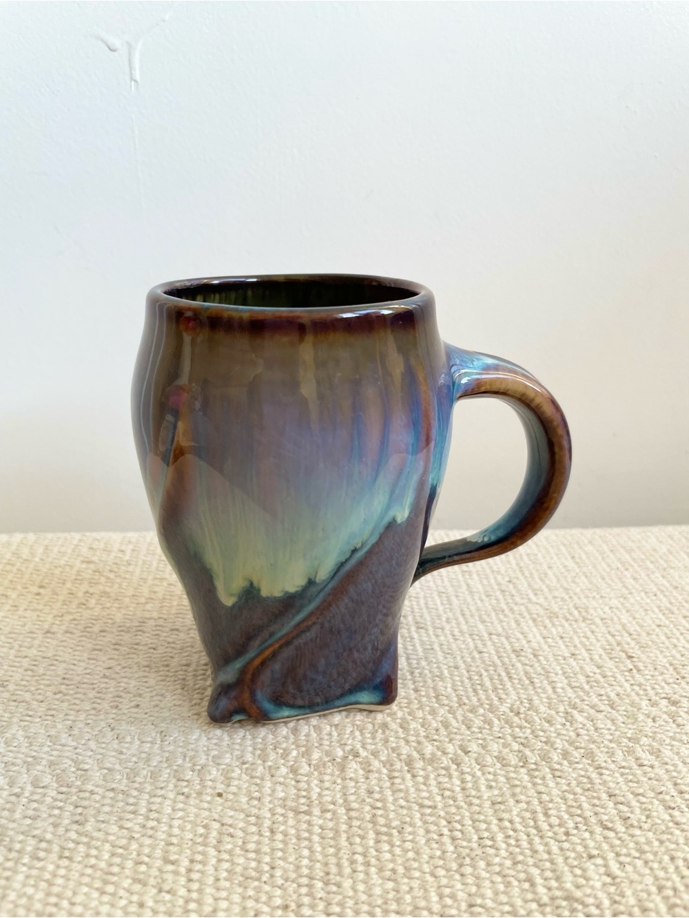Bill Campbell Pottery Brown Blue Drip Glaze Mug Coffee Cup Twist MADE IN USA
